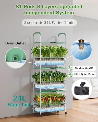 Growell 81 Pods Hydroponics Growing System Kit with Independent Water Pump - color: Green, size: 26" - 3 Tier (81 Pods)