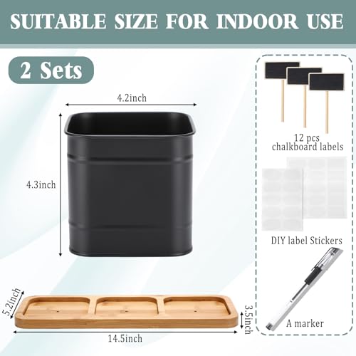 LemonRoad 6 Pcs Indoor Herb Planter Window Herb Pots for Kitchen with Drainage Hole and Bamboo Tray Farmhouse Metal Garden Planter Pot with DIY Label Mom Plant Gift(Black,Square)