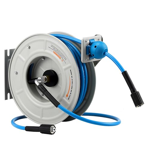 FIXFANS Pressure Washer Hose Reel with Hose, 1/4" × 60ft, Retractable - size: 60 FT