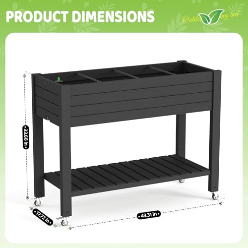 Elevated Raised Garden Bed,Outdoor Large Planter Box with Wheels & Shelf for Backyard Balcony,Dust-Proof Resin Patio Raised Bed for Herbs Flowers Vegetables(Black) - color: Black