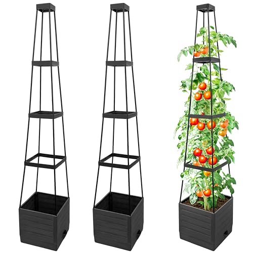 Tomato Planter with Trellis, 57 Inch Self-Watering Planter Box 2-Pack, Grey Planter with Metal Support for Outdoor Indoor Climbing Plants - size: Trapezoid