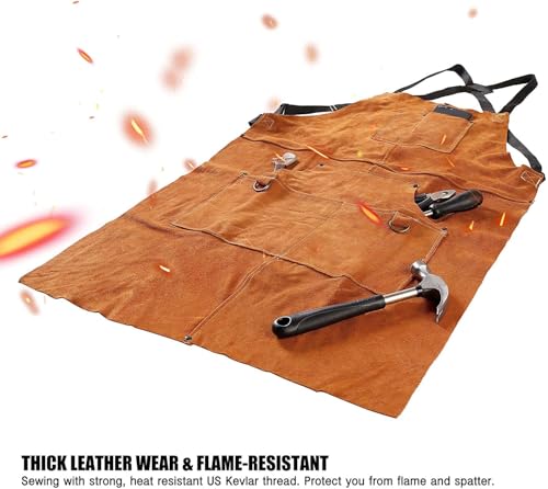 QeeLink Leather Welding Apron 6 Pockets Heat Flame Resistant for Blacksmith - color: Brown, size: 24"x 36"