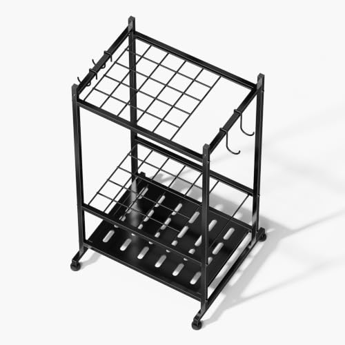 Garden Tool Organizer with Leveling Feet, Yard Tool Tower Rack for Garage Organization, Up to 25 Long-Handled Tools/Rakes/Brooms for Shed, Outdoor, Black