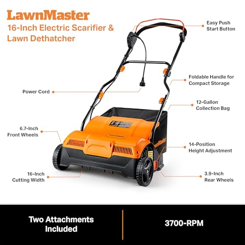 LawnMaster GVB1316 Electric 16” 13 Amp Dethatcher and Scarifier with 12 Gallon Collection Bag - color: 16-Inch-Orange/Black