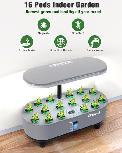 Growell Hydroponics Growing System Kit, 16 Pods Indoor Garden with 28W Full Spectrum LED Grow Light, Auto Timer, 3 Smart Light Modes, 8L Large Herb Garden, Ideal Gardening Gift for Women, Men (Gray) - color: Gray