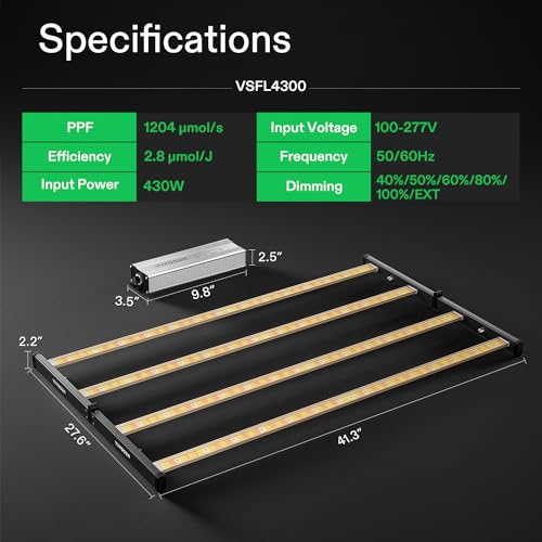 VIVOSUN VSFL4300 430W LED Grow Light Foldable 4-Bar Dimmable Full Spectrum - size: 3.9x3.9