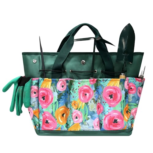 Waterproof Garden Tool Bag, 600D Oxford Portable Gardening Tote with Handle & Multi Pockets, Ideal Gifts for Parents Women (Green, Tools Not Included) - color: Green
