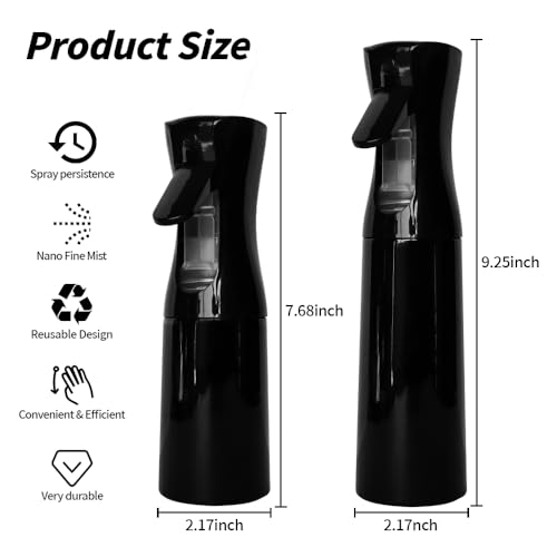 Ella & Sara 300ml Continuous Mist Spray Bottle (Black) - Professional Fine Mister for Salon Hairstyling, Barber, Plants, Pet Grooming, Cleaning & Essential Oils, Refillable Trigger Sprayer - color: Black, size: 300ML