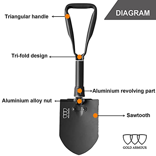 Gold Armour Military Folding Camping Shovel, High Carbon Steel Survival Shovel Entrenching Tool Handle with Carrying Pouch
