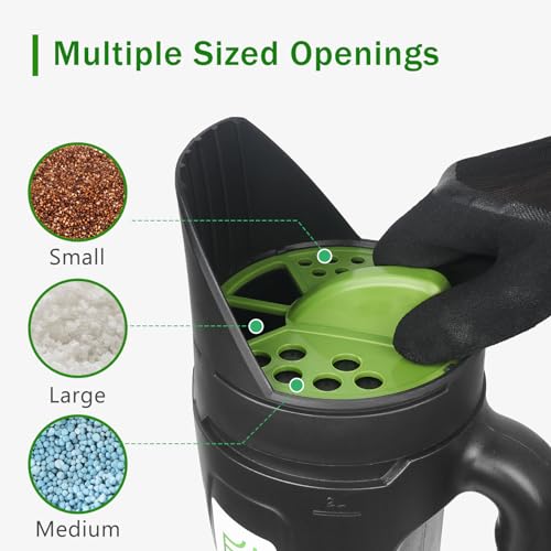 Yhtpouqe Hand held Spreader, Seed Spreader for Ice Melt, Grass Seed, Fertilizer Lawn and Garden. Multiple Adjustable Opening Sizes for Salt,Ice Melt, Up to 80 Oz