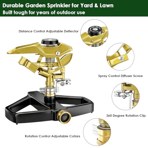 FANHAO 100% Metal Impact Lawn Sprinkler for Yard, Covers Up to 5800 sq. Ft - color: Black