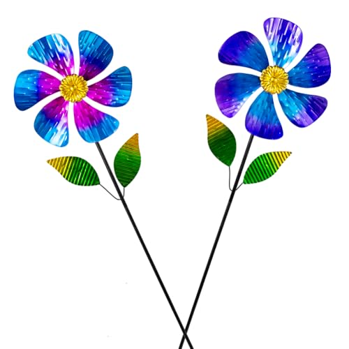 Viveta 2 Pack Garden Wind Spinners, Flower Metal Windmill - color: Blue and Pink