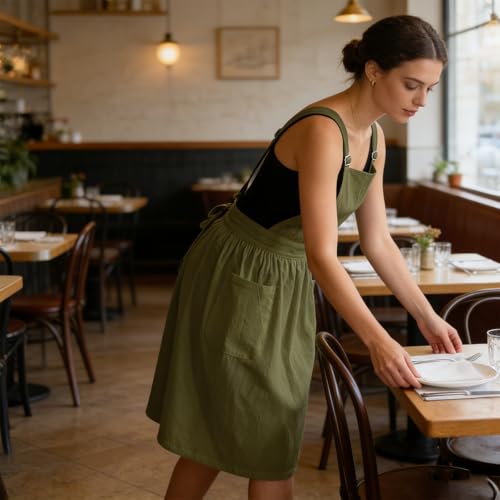 Apron for Women with Pockets Cotton Linen Metal Clip Adjust Kitchen Cooking Baking Gardening Dress Chef Apron - color: 1 Pack-dark Green