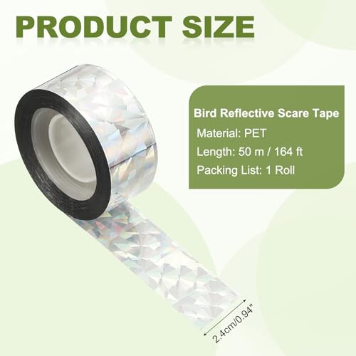 MECCANIXITY 164ft Long 1" Wide Silver Dual Side Reflective Holographic Flash Bird Scare Tape Ribbon to Keep Birds Away, Hang Tie on Garden Farm Orchards Balcony Patio Yard Fence, Floral - size: 164ft x 0.94in