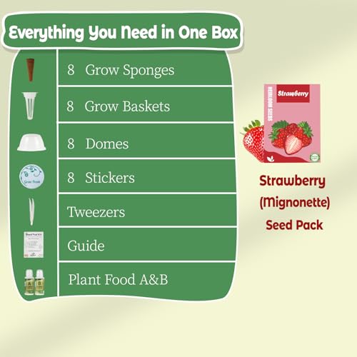 Strawberry Seed pod Kit for Hydroponics Compatible with Aerogarden, Includes Seed, Grow Sponges, Baskets, Domes, A&B Plant Food - Hydroponics Supplies for Most Brands 8-POD - style: Strawberry