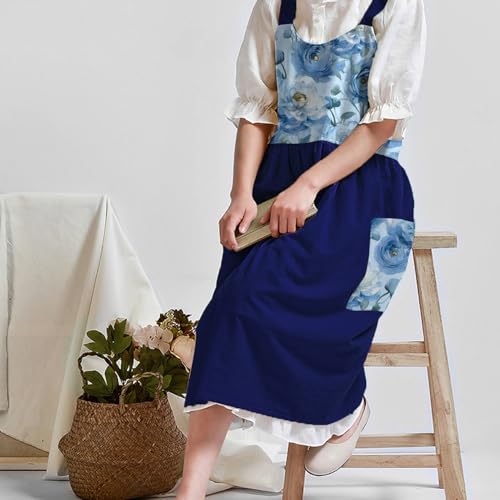 Cotton Linen Apron Cross Back Apron for Women with Pockets Pinafore Dress - color: Flora Navy Blue