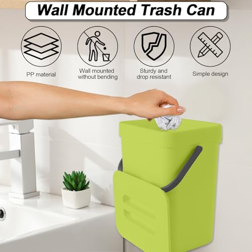 Compost Bin Kitchen, for use on Countertops or Under Sinks, Hanging Trash Can with Lid, for Cupboard/Bathroom/Bedroom/Office/Camping, Mountable Indoor Compost Bucket(Green 1.3 Gallon/5L)
