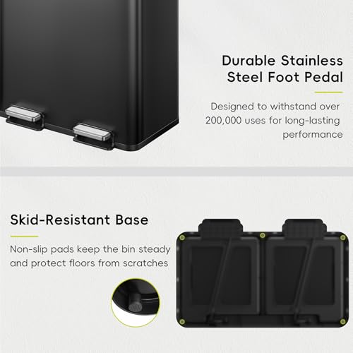 EKO EcoCasa Plus 2 x 10.6 Gal (2 x 40 L) Dual Trash Can for Kitchen, Large Stainless Steel Step-On Garbage Can, Trash and Recycle Bin Combo with Soft-Close Lids, Removable Buckets, Matte Black - color: Matte Black, size: 40L+40L