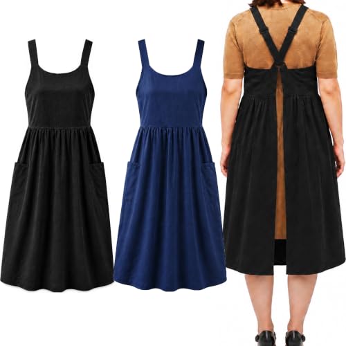 Cotton Linen Apron Cross Back Apron for Women with Pockets Pinafore Dress - color: 2 Pack-black+navy