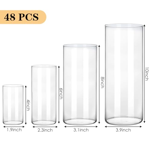 Fixwal 48pcs Clear Glass Cylinder Vases, 4, 6, 8, 10 Inch Tall Cylinder Vases for Centerpieces, Glass Flower Vase, Floating Candle Holder Vase for Table Shelf, Party, Wedding, Home Decor - size: 48pcs