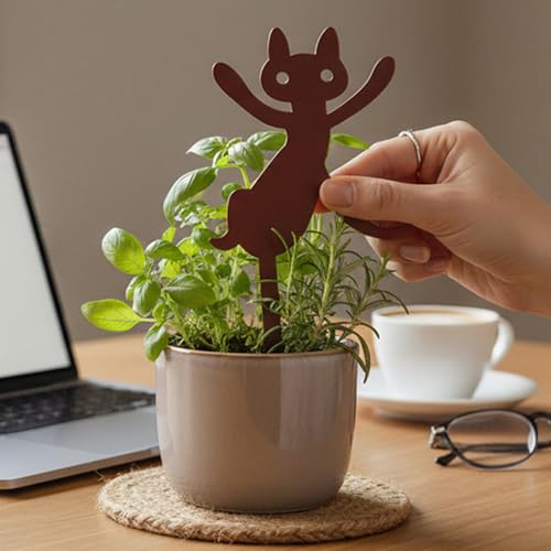 Metal Garden Decor Dancing Cat Plant Stake for Flower Pots, Steel