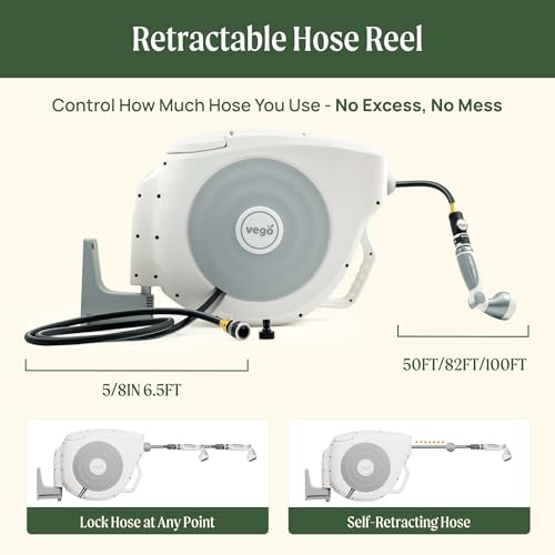 Vego Garden Hose Reel Retractable Hi-Flow Wall Mounted Hose Reel Automatic Rewind, Any Length Lock with 9 Patterns Sprayer Nozzle, Quick Connector and Adjustable shot Nozzle (Cloud White, 100ft) - color: Cloud White, size: 100ft