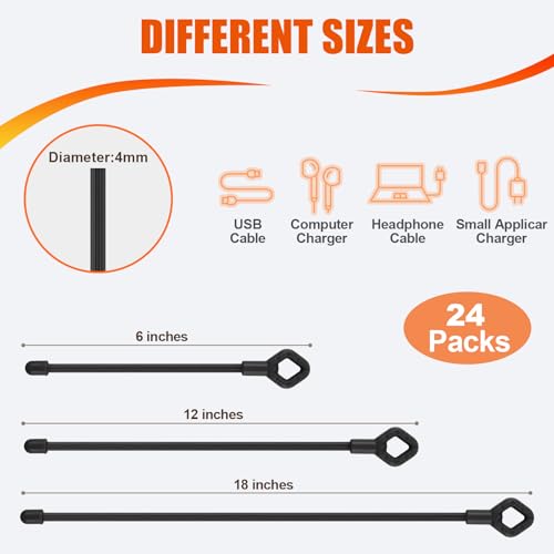 HOMEE 24Pcs Reusable Silicone Cable Twist Ties with Holes 6, 12, 18 inch - color: Black, size: 6"+12"+18" - 24 PCS