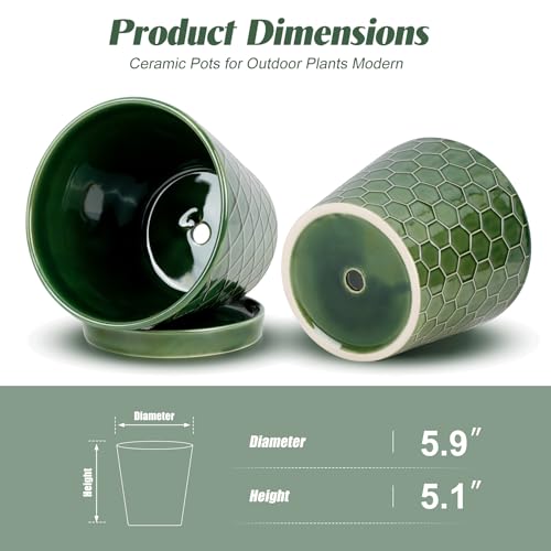 BUYMAX 6 Inch Plant Pot Ceramic Flower Pots Set of 2 with Drainage Hole - color: Patina