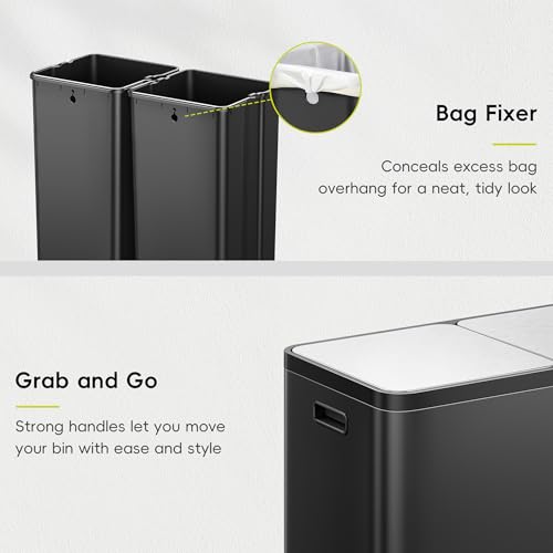EKO EcoCasa Plus 2 x 10.6 Gal (2 x 40 L) Dual Trash Can for Kitchen, Large Stainless Steel Step-On Garbage Can, Trash and Recycle Bin Combo with Soft-Close Lids, Removable Buckets, Matte Black - color: Matte Black, size: 40L+40L