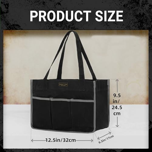Durable 16OZ Waxed Canvas Tool Bag with Handle - A Large Main Pocket and 6 Exterior Pockets (12.5 x 6.5 x 9.5 Inches) Black - color: Black