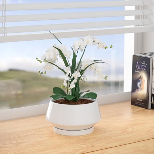 8.3 Inch White Ceramic Planter with Drainage Hole and Saucer - color: Gloss White, size: Medium