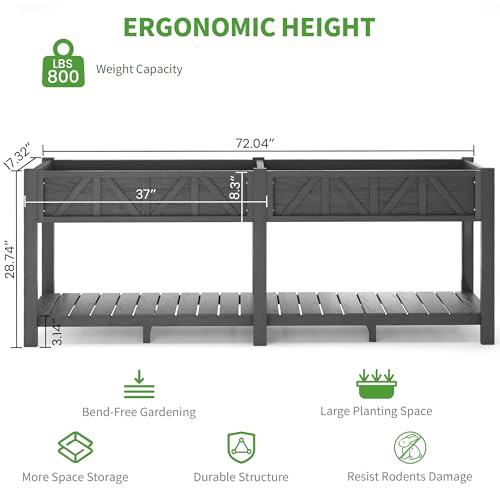 HIPS All-Weather Elevated Raised Garden Bed with Legs,72"L x 17"W x 28.7"H - color: Black, size: 72"L-Without Wheels