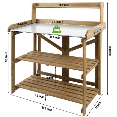 PetsCosset Folding Garden Potting Bench Table,Outdoor Wooden Work Station W/Metal Table Top,2 Tier Open Storage Rack,Top Shelf-Natural Stained