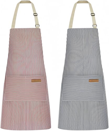 NLUS 2 Pack Kitchen Cooking Aprons, Adjustable Bib Soft Chef Apron with 2 Pockets for Men Women (Blue Pinstripes/Pink Pinstripes) - color: Blue Pinstripes/Pink Pinstripes