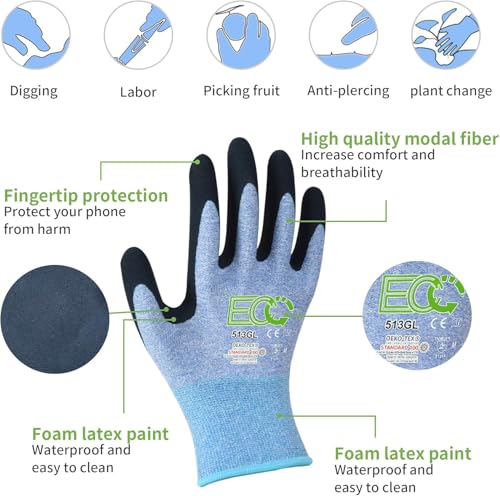 7 Pairs Women Gardening Gloves, EN388 2131X Outdoor Protective Work Gloves with Breathable Micro-Foam Coating for Gardening, General Purpose, Courtyard, 3 Purple + 3Blue +1 Grey - size: Small
