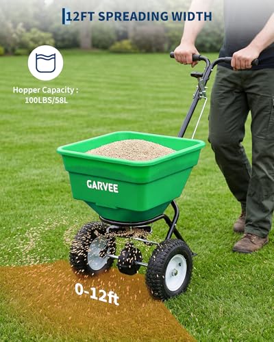 Heavy Duty 100L Push Broadcast Spreader – 12FT Spreading Width, 13" All-Terrain Wheels, Adjustable Current, Walk-Behind Lawn & Garden Seeder for Fertilizer, Grass Seed, Salt, Ice Melt – Green