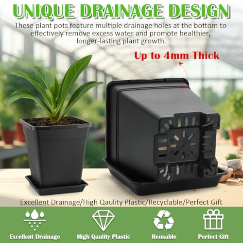 6 inch Plant Pots, 10 Pack Flower Pots Outdoor Indoor, Square Plastic Planter with Drainage Holes and Saucers, 0.5 Gallon Planter Pots for Plants Deep Capacity Garden Pot Container with Tray - size: 6 INCH / 10P