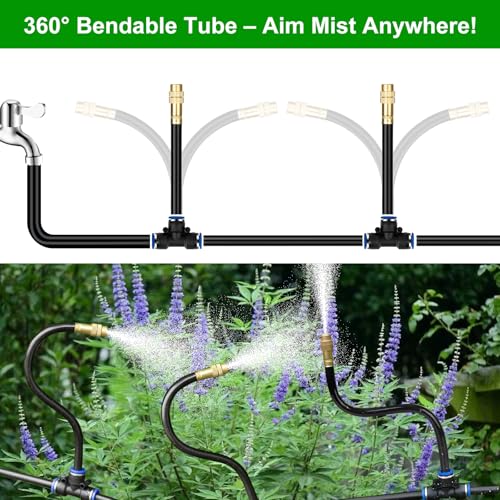 80FT Drip Irrigation System for Garden – Automatic Watering Kit with Solid Brass Metal Connectors, 360° Bendable Tubing &22 Adjustable Nozzles for Greenhouse, Lawn, Yard & Plants - size: 80 FT