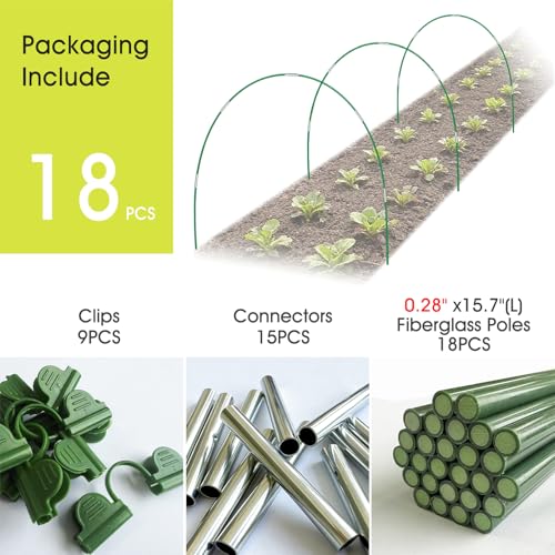 RIFNY 18 PCS Garden Hoops for Raised Beds, Greenhouse Hoops Kit Long Grow Tunnel for Row Cover, Rust-Free Fiberglass Garden Support Poles for Insect Mesh Netting Freeze Plant Cover (Green) - style: 18Pcs-Green-0.28" Dia