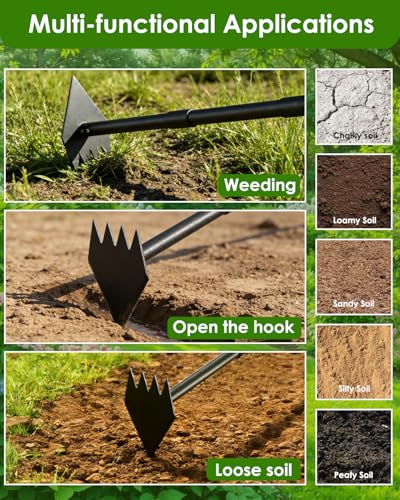 Luvenia Garden Hoe, 46 Inch Long Handle Hoe Garden Tool Heavy Duty, 2 in 1 Weed Rake & Garden Hoe for Women & Family Gardeners, Fast Weeds Grass Removal,Cultivating, Loosen Soil, Sharp Edge - size: 44in