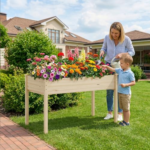 Raised Garden Bed with Legs, 48x24x30in Tall Wooden Elevated Planter Box with Liner for Flowers Vegetables Herbs, Outdoor Reinforced Large Raised Bed for Balcony/Patio/Backyard - size: 48x24x30in