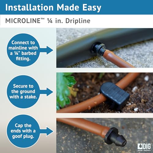 DIG ML-112B ¼” 100’ MICROLINE™ Dripline, 12” Dual Outlet Emitter Spacing, UV-Resistant Tubing for Efficient Irrigation | Ideal for Raised Beds | Flexible, Durable, Easy Installation (Brown) - size: 100',¼" MICROLINE Dripline - 12” Spacing