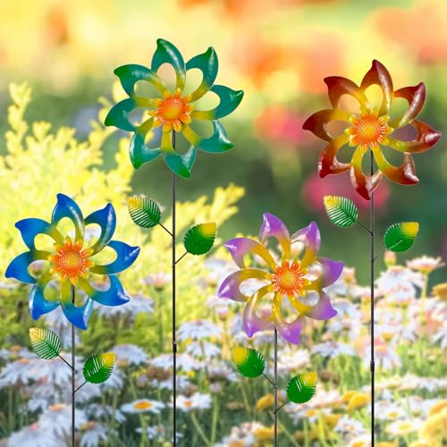 4 Pack Wind Spinners Outdoor, Colorful Metal Flower Windmill - size: 4 Pack-27x7