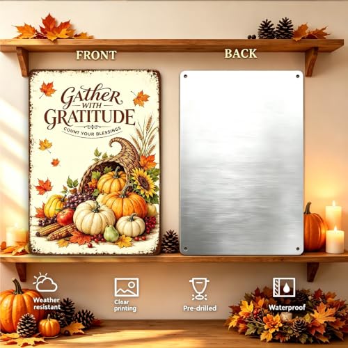 Gather With Gratitude Thanksgiving Metal Sign Harvest Wall Decor 8x12 Inch - color: Gather With Gratitude