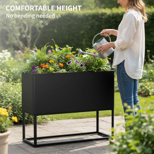 Modern Raised Metal Planter Box with Legs,38" L x 15" W x 30.5" H - color: Black