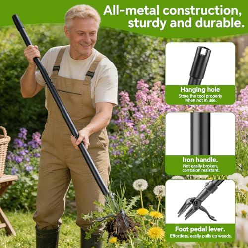 Weed Puller Tool – 45" All-Metal Stand Up Heavy Duty Weeder Hand Tool with 4-Claw Steel Head & Long Handle, Garden Weeding Tool for No Bending or Kneeling, Back & Knee Friendly, Easily Removes Weeds