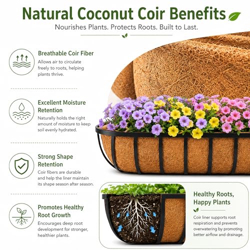 Y&M 2pcs 24 Inch Window Deck with Coco Liner, 24" Window Boxes Horse Trough with Coconut Coir Liner, Black Metal Hanging Flower Planter Window Basket Deck Railing Planter Boxes for Outdoor Indoor - size: 2p 24in