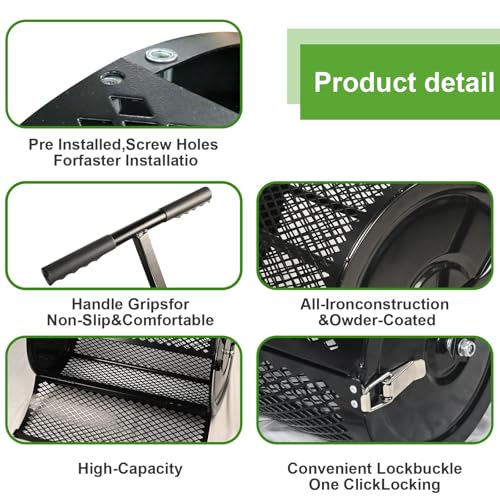 MAKEATREE 16 Inch Compost Spreader and Peat Moss Spreader, 16" Lawn and Garden Roller with Adjustable Handle, Steel Mesh Basket for Spreading Manure, Top Soil, Black - size: 16 Inches