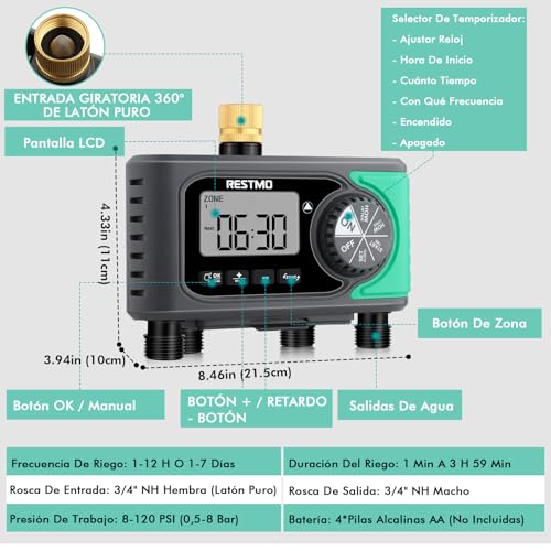 RESTMO 4-Zone Sprinkler Timer, Programmable Water Timer for Garden Hose