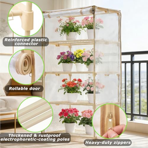 Purlyu Mini Greenhouse for Indoor Outdoor, Small Plastic Plant Green House 4-Tier Rack Stand Portable Greenhouses with Durable PE Cover for Seedling, 2.5x1.6x5.2 FT - style: Steel Frame+PE cover(white)